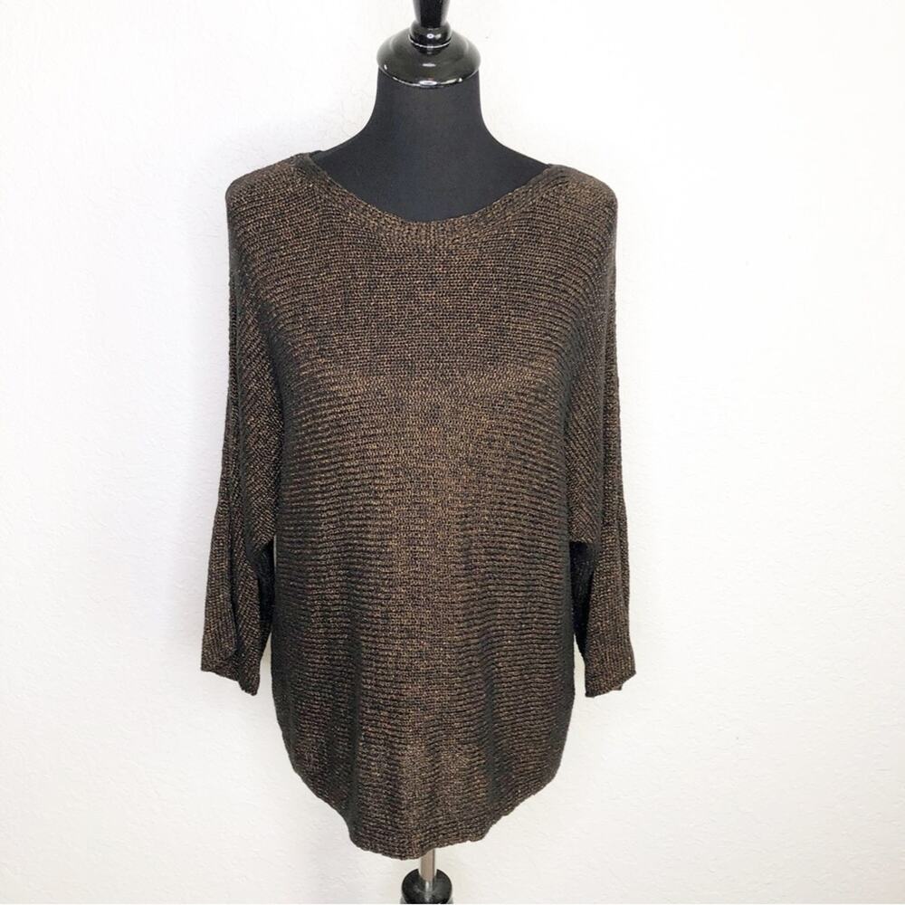 Eileen Fisher black bronze metallic linen blend slit sleeve sweater‎